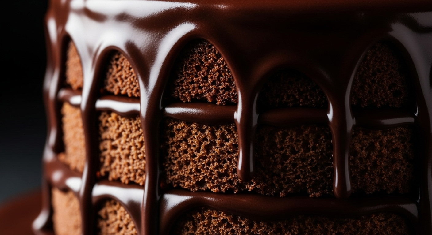 A macro photo of a decadent chocolate cake's texture, symbolizing the quality of Ovenci products.