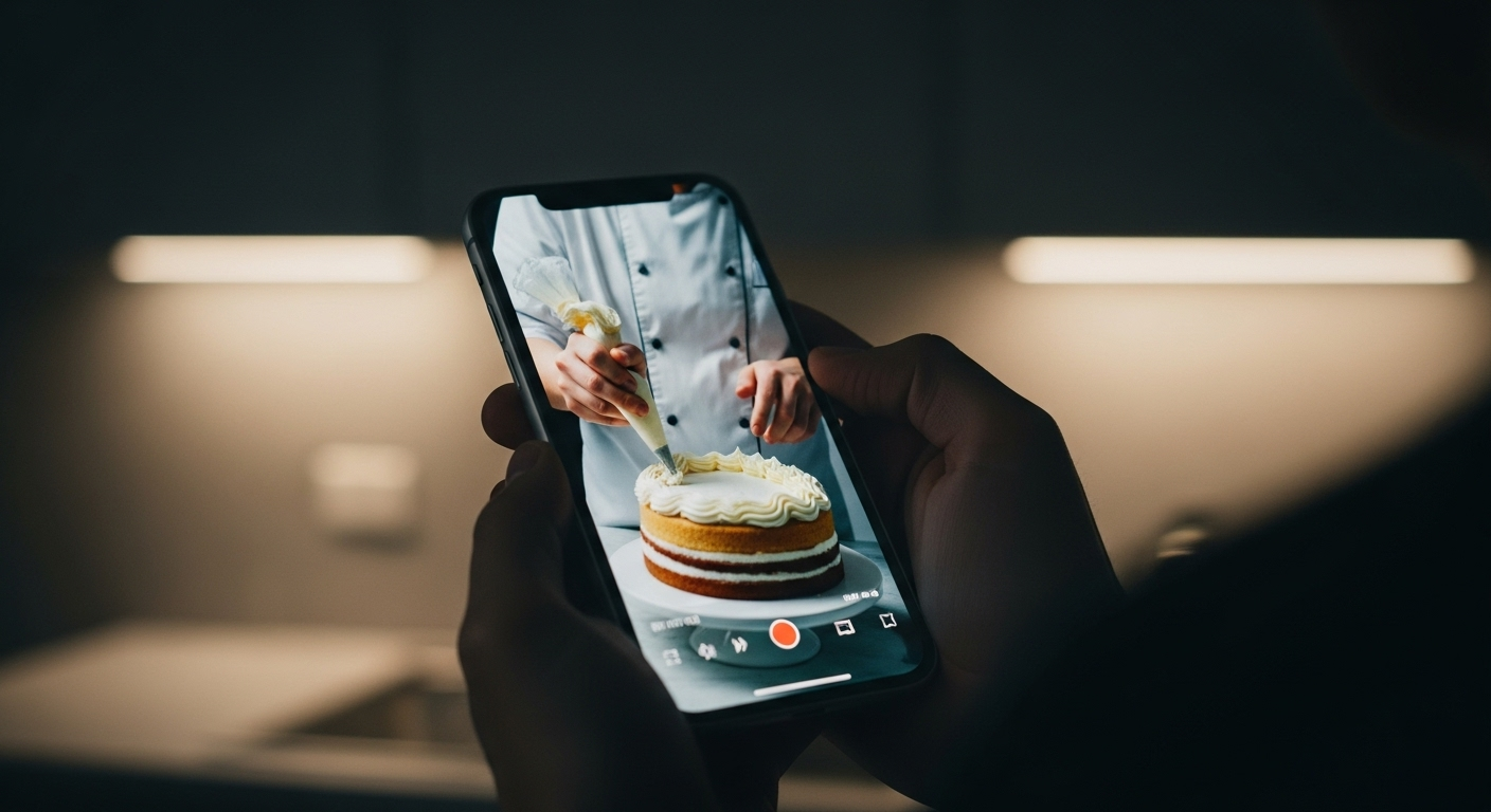 A phone showing a live video of a cake being decorated, illustrating Ovenci's Bake-Cam feature.